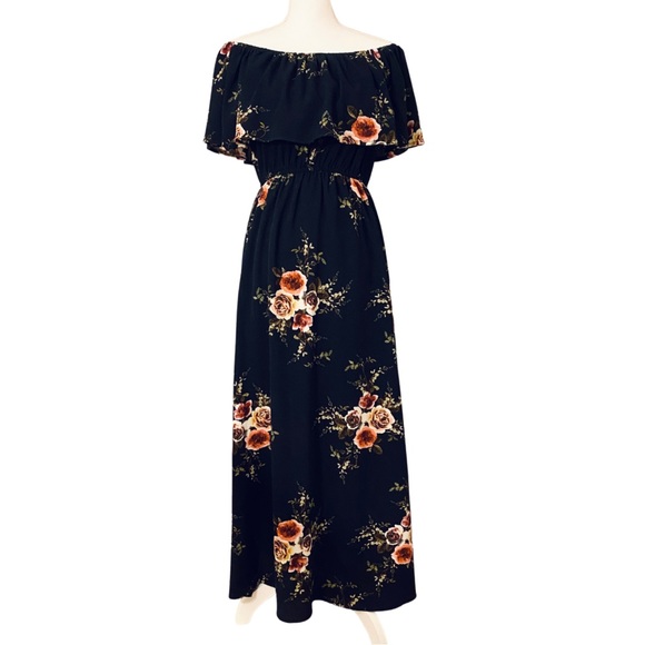 Dresses & Skirts - Off-the-Shoulder Navy Floral Maxi Dress✨Elastic Waist + Ruffles (L)